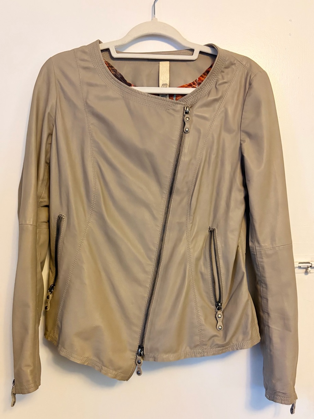 GMS-75 Asymmetric Zip Genuine Leather Jacket in Taupe
